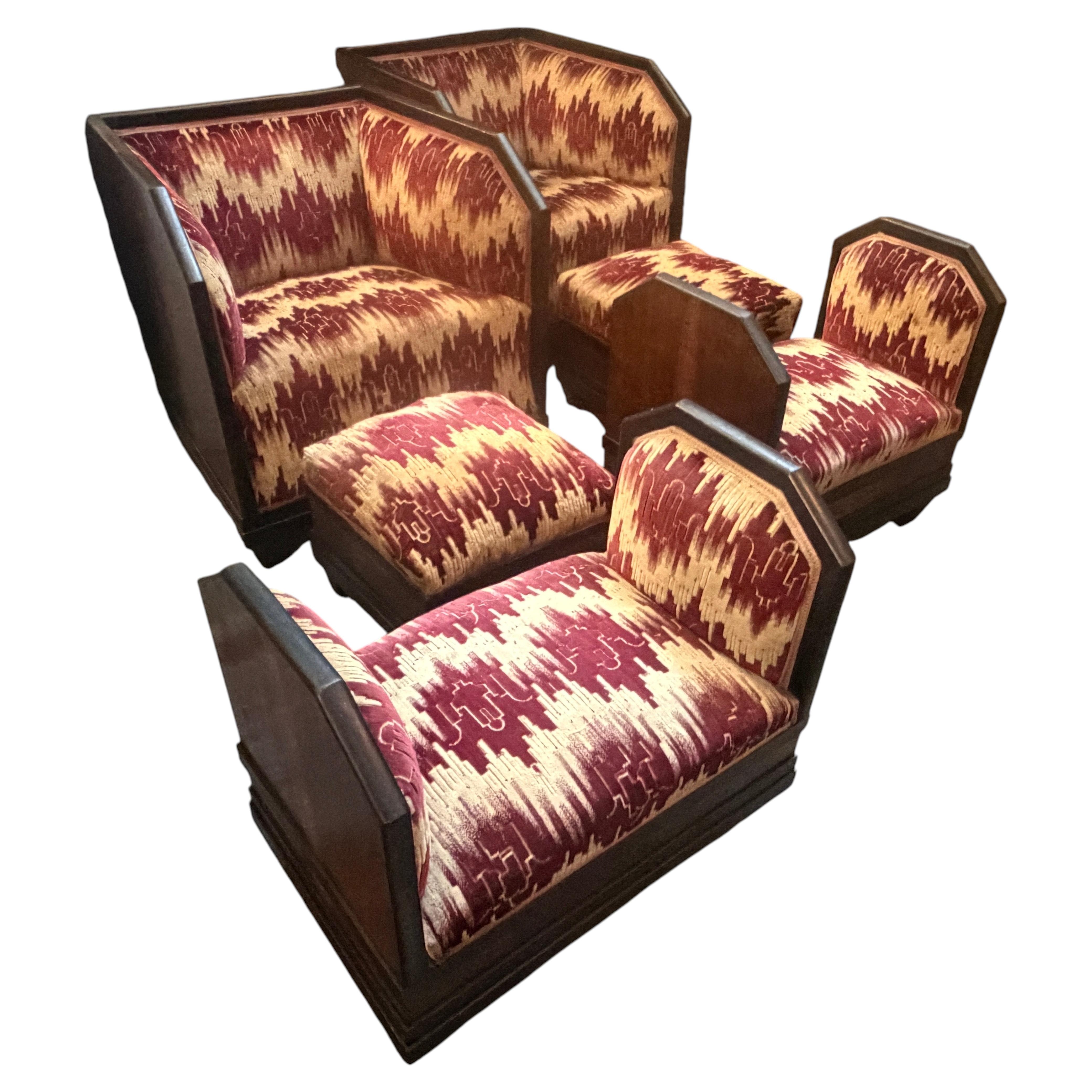 An Italian 1930s Wood and Original Fabric 6 Pieces Living Room Set For Sale