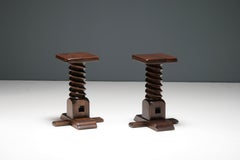 Pair of Brutalist solid oak side tables, France, 1950s