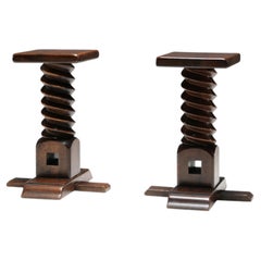 Pair of Brutalist solid oak side tables, France, 1950s