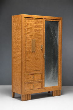 Art Deco wardrobe in solid oak and burl wood, France, 1930s