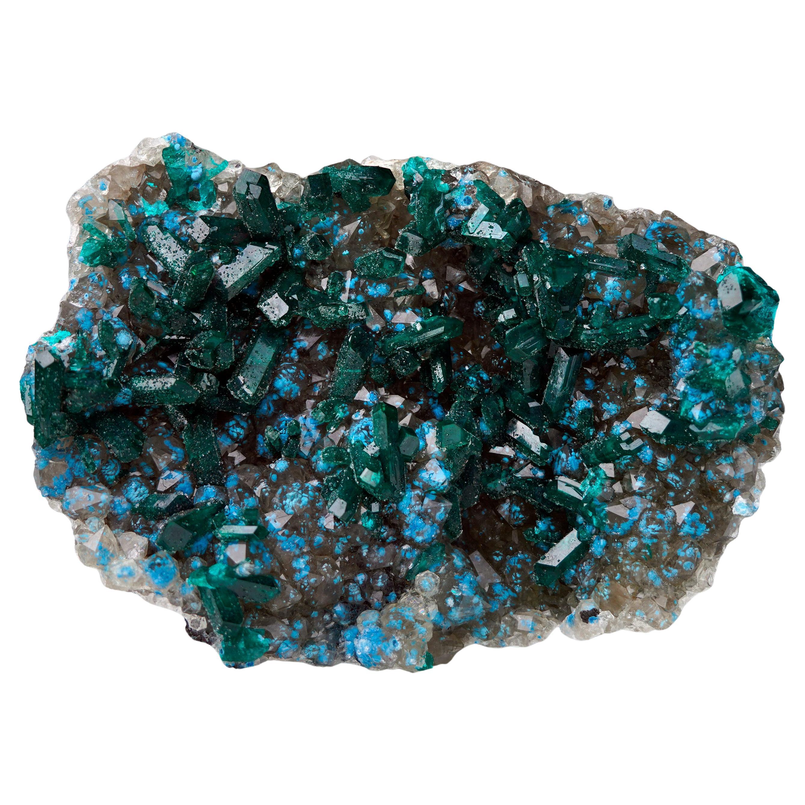 Dioptasio di qualità museale con plancheite su calcite