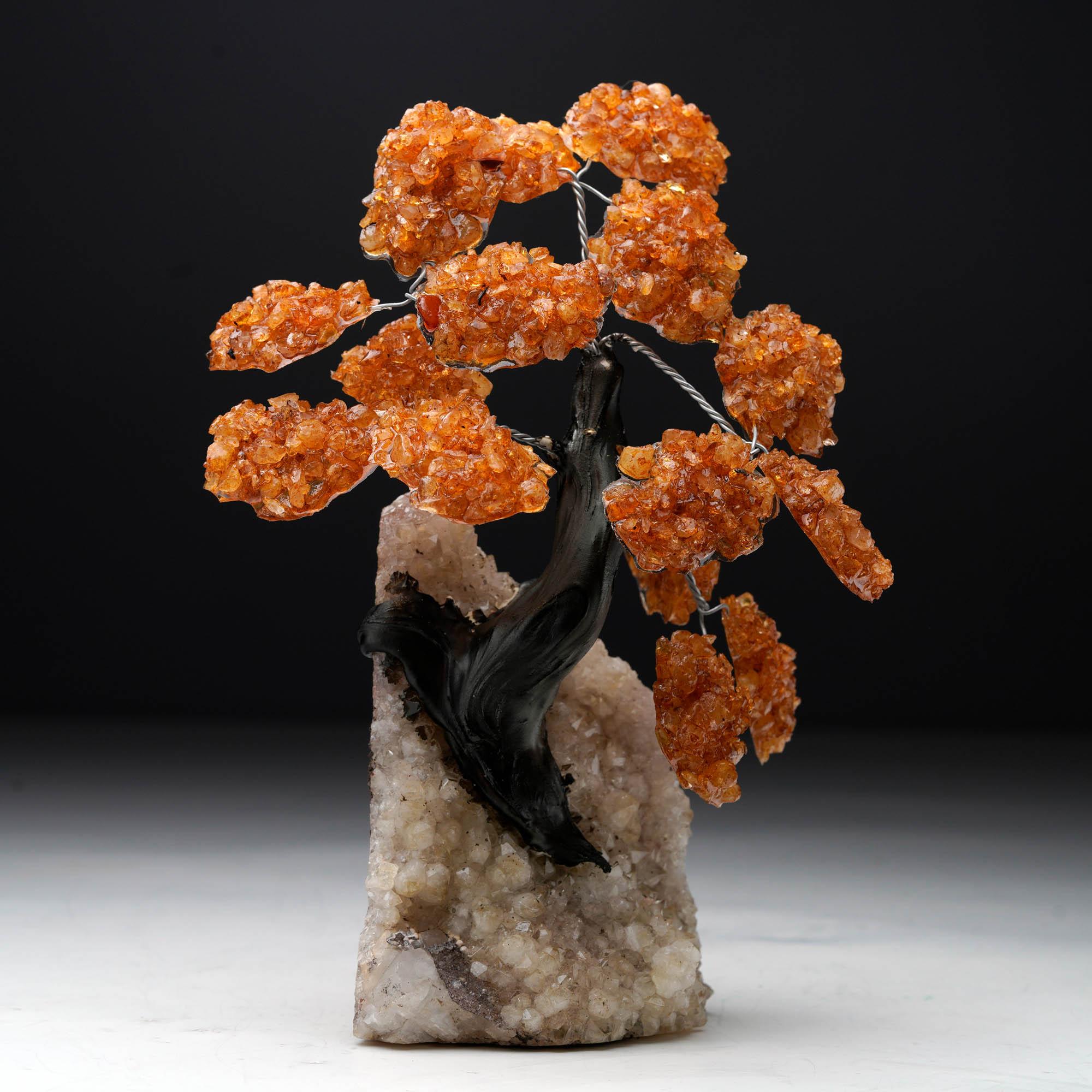 Dieser handgefertigte Edelsteinbaum zeigt leuchtend orangefarbene Citrin-Kristallblüten, die an einem anmutig gewundenen, dunklen Stamm erblühen und elegant in einem natürlich glitzernden Quarz-Cluster verwurzelt sind. Der auffällige Kontrast