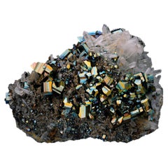 Large Iridescent Pyrite on Quartz Mineral Specimen from Indonesia