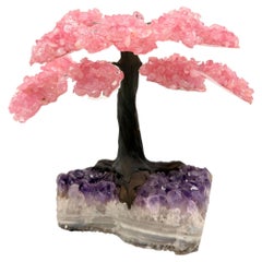 Handcrafted Rose Quartz Gemstone Tree Sculpture on Amethyst Base from Brazil