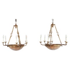 Pr. of Large Early 20th c. French Neoclassical Alabaster Gilt Bronze Chandeliers