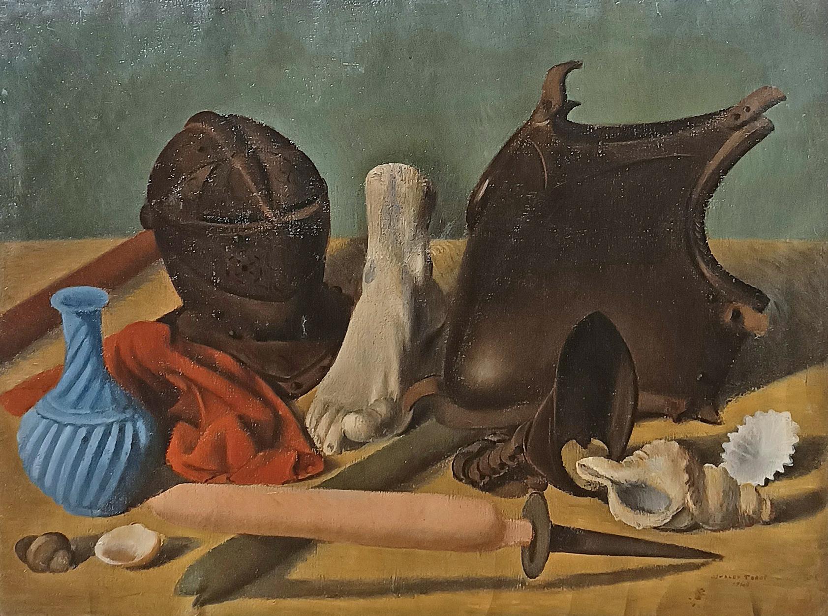 Beautiful oil painting on canvas, framed in a carved wooden frame and painted with geometric decorative motifs. In the center of the painting is a still life with various objects, which from the left are: a blue glass flask, a red cloth, a helmet, a