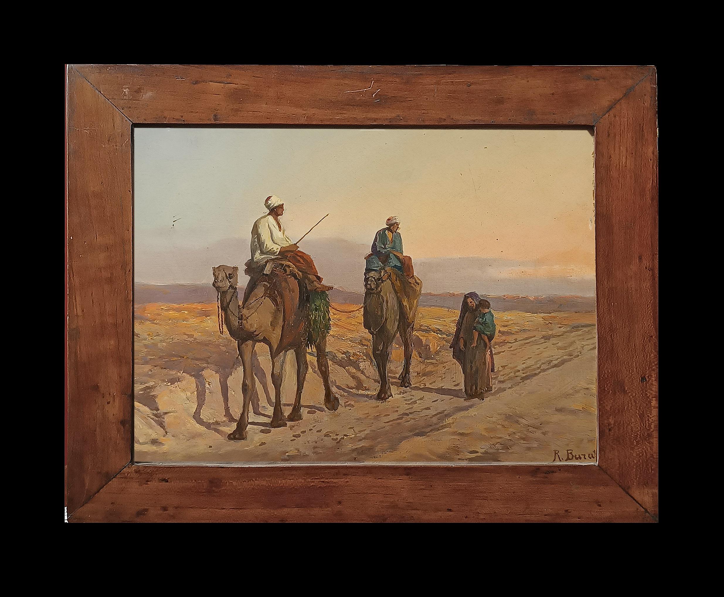 Small tempera painting on paper, framed in a carved cherry wood frame and protected by glass. The painting depicts a classic orientalist scene, set in a landscape that seems desert-like. Three figures can be distinguished: two men in oriental
