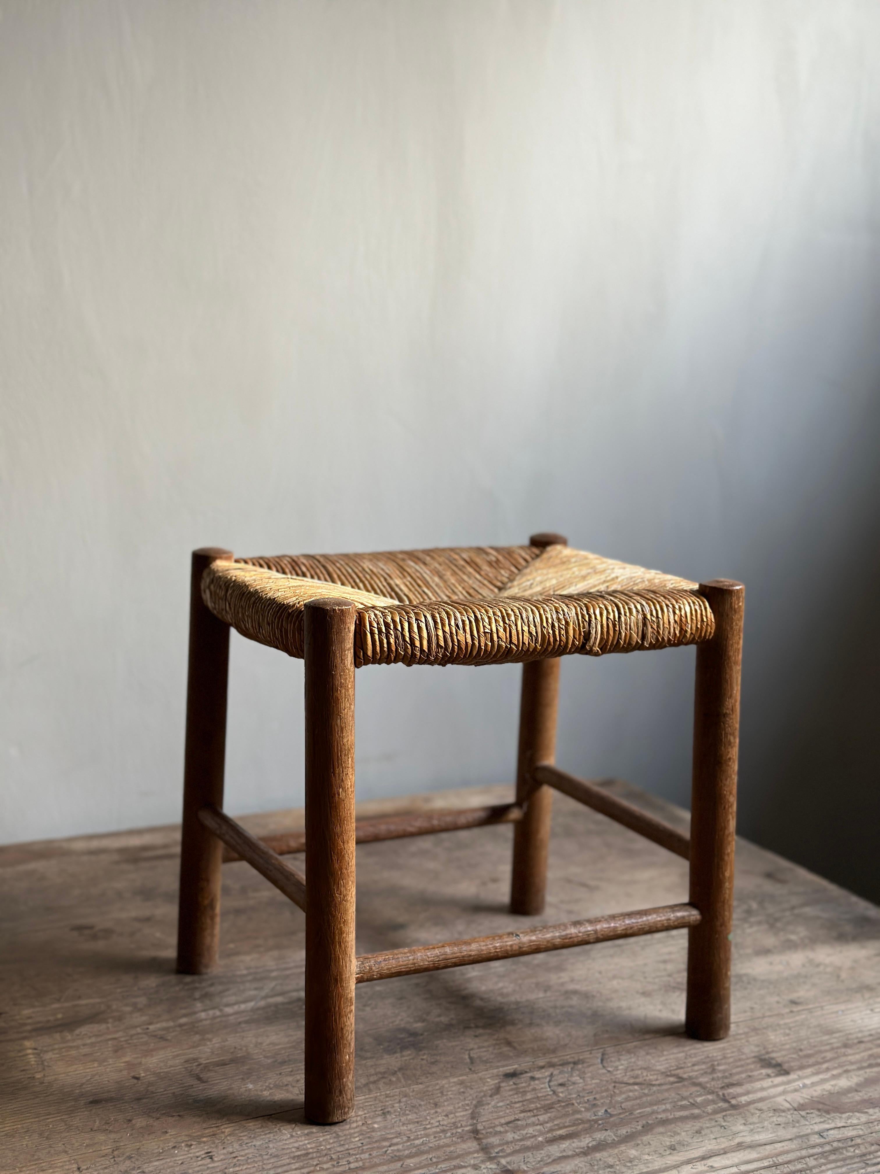 Mid-Century Modern Small Woven Stool in the Manner of Charlotte Perriand, France, 1950s  For Sale