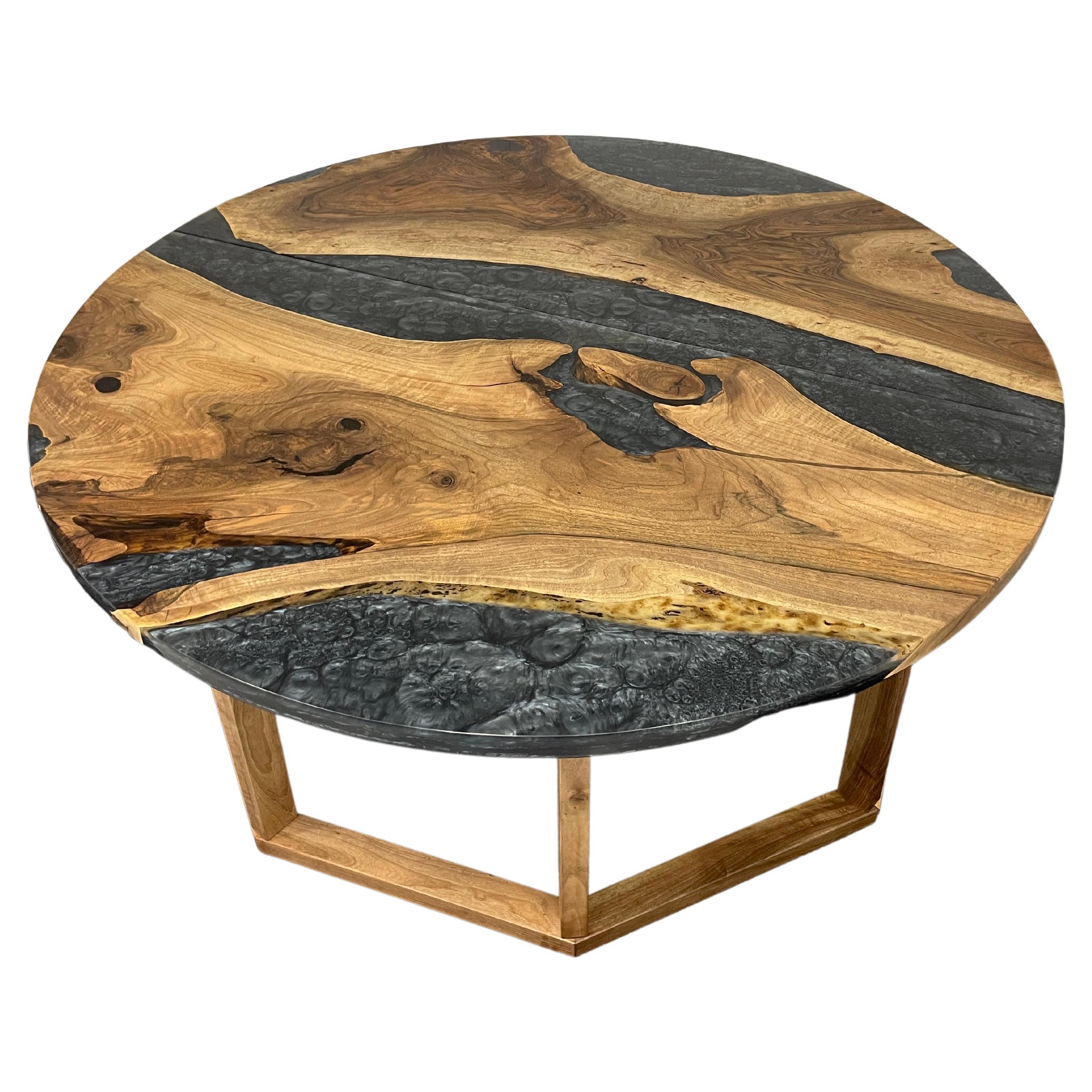 Round Smokey Black Epoxy Resin Conference/Dining Table in Walnut, Made to Order For Sale