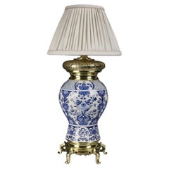 Late Victorian Belgian Blue & White Faience Oil Lamp, Circa 1880–1900