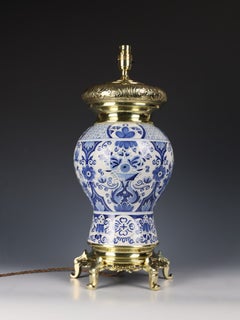 Late Victorian Belgian Blue & White Faience Oil Lamp, Circa 1880–1900