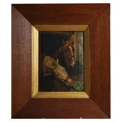 Late 19th Century Continental Oil Painting of Two Horses in a Stable, Signed