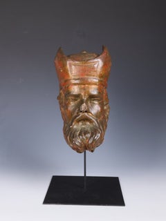 18th Century Polychrome Carved Wooden Bishop Bust, Continental Ecclesiastical
