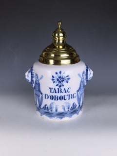 Große niederländische Tabakdose aus Delft „Tabac d’Obourg“ mit Messingdeckel, um 1880–1910