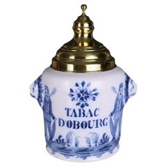 Große niederländische Tabakdose aus Delft „Tabac d’Obourg“ mit Messingdeckel, um 1880–1910