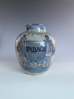 Large Dutch Delft Blue & White Tobacco Jar 'TABACK' with Cover, Late 19th Centur