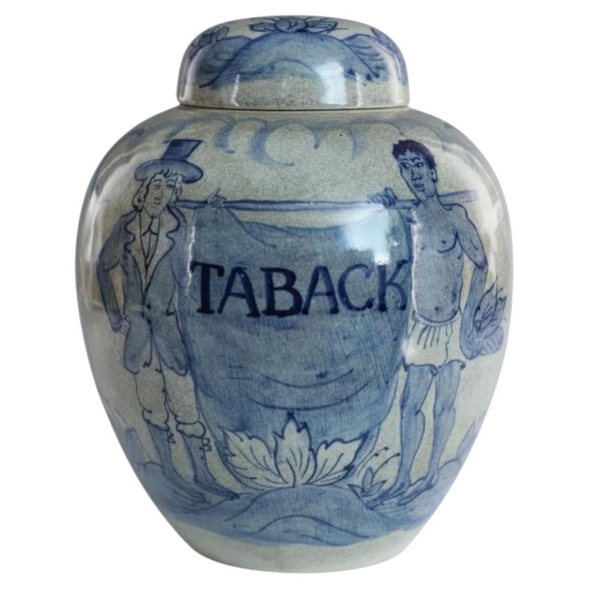 Large Dutch Delft Blue & White Tobacco Jar 'TABACK' with Cover, Late 19th Centur For Sale