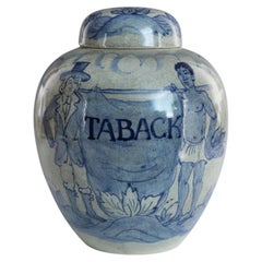 Large Dutch Delft Blue & White Tobacco Jar 'TABACK' with Cover, Late 19th Centur