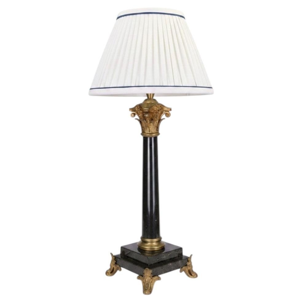 Antique 19th Century French Black Marble Column Table Lamp with Gilt Rococo For Sale