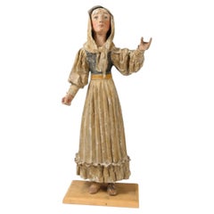 Early European Folk Art Shepherdess or Village Woman, Carved Wood & Papier-Mâché