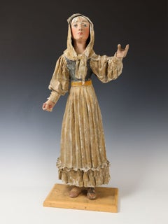 Early European Folk Art Shepherdess or Village Woman, Carved Wood & Papier-Mâché