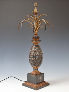 French Hollywood Regency Carved Wood Pineapple Table Lamp with Gilt Metal Palm L