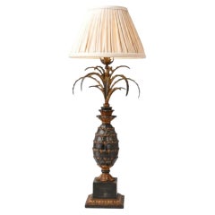 French Hollywood Regency Carved Wood Pineapple Table Lamp with Gilt Metal Palm L