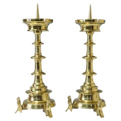 Pair of 19th Century Flemish Gothic Brass Pricket Candlesticks with Lion Feet