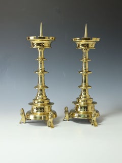 Pair of 19th Century Flemish Gothic Brass Pricket Candlesticks with Lion Feet