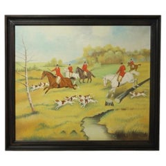 M. Laurent – Naïve Folk Art Hunting Scene with Horses & Hounds, 20th Century
