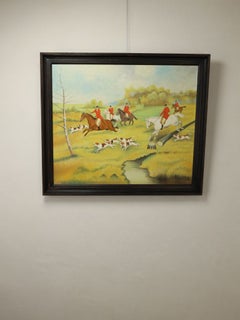 M. Laurent – Naïve Folk Art Hunting Scene with Horses & Hounds, 20th Century