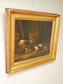 19th Century Sporting Oil Painting – Hounds Attacking a Wolf in a Woodland