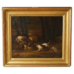 19th Century Sporting Oil Painting – Hounds Attacking a Wolf in a Woodland