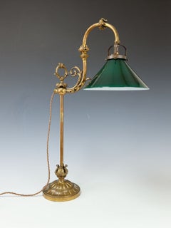 Antique Gilt Bronze Rise and Fall Table Lamp with Green Glass Shade, c.1900