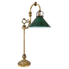 Antique Gilt Bronze Rise and Fall Table Lamp with Green Glass Shade, c.1900