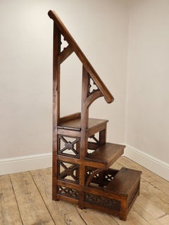 Early 20th Century English Solid Elm Library Steps with Handrail