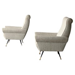 High Back Mid-Century Arm Chairs Ash Grey Upholstery Brass Legs 