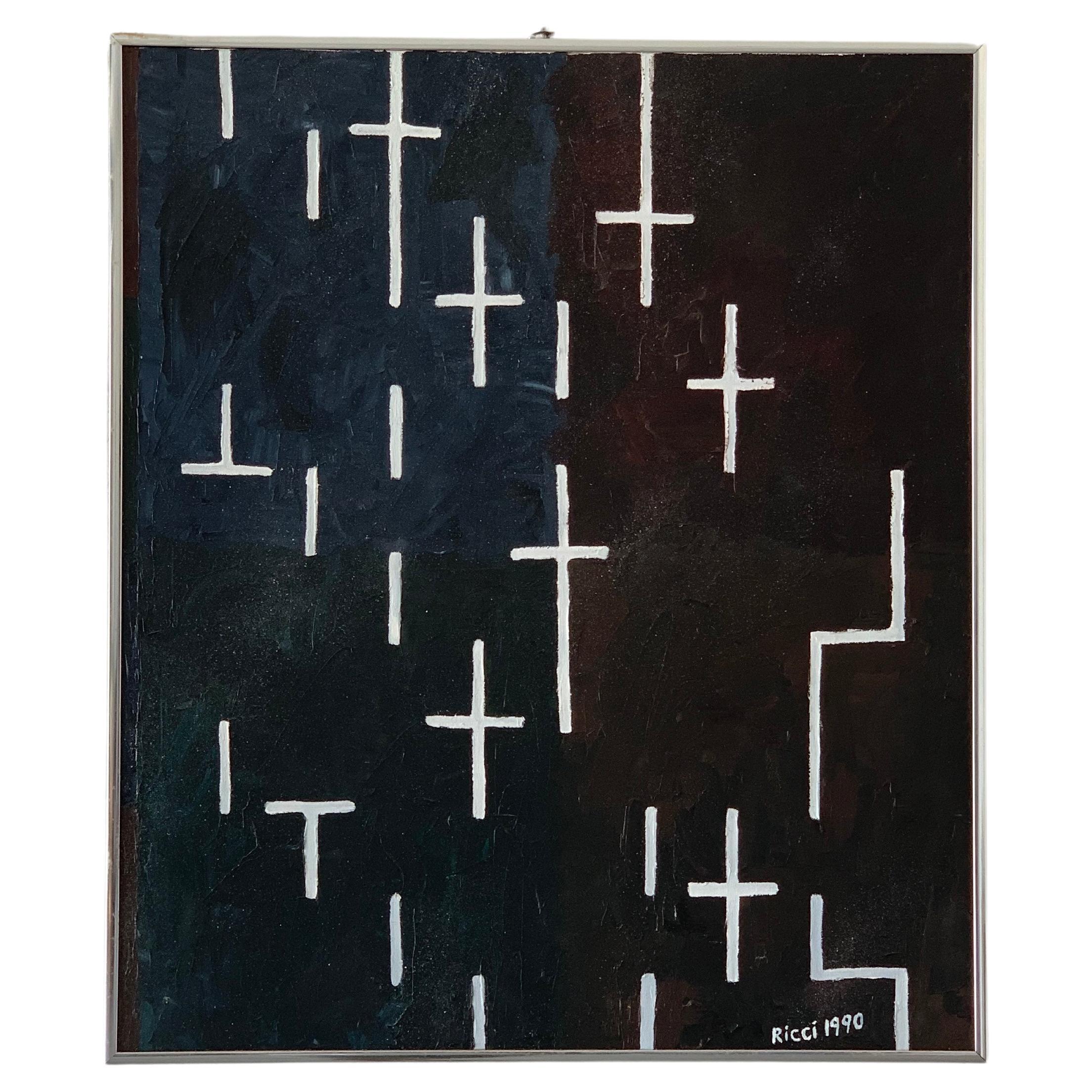 1990 Signed Abstract Black & White Painting by Ricci – Modern Geometric