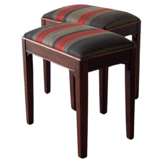 1960's Bench Stools, Set of 2, Original Vintage Roman Stripe Upholstery, Walnut
