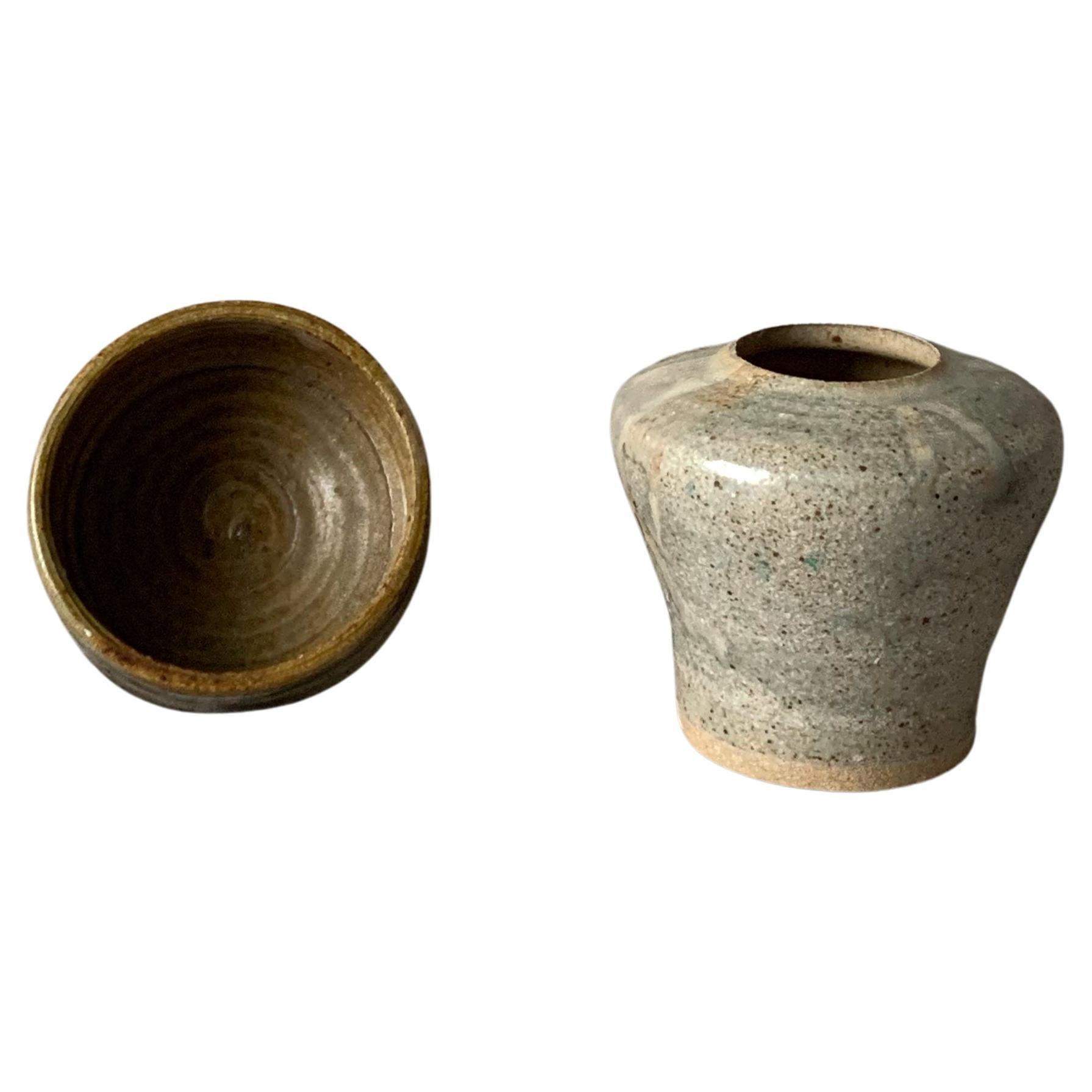 Mid-Century Era, Sage Green, Glazed Studio Pottery, Vase and Bowl, Signed For Sale