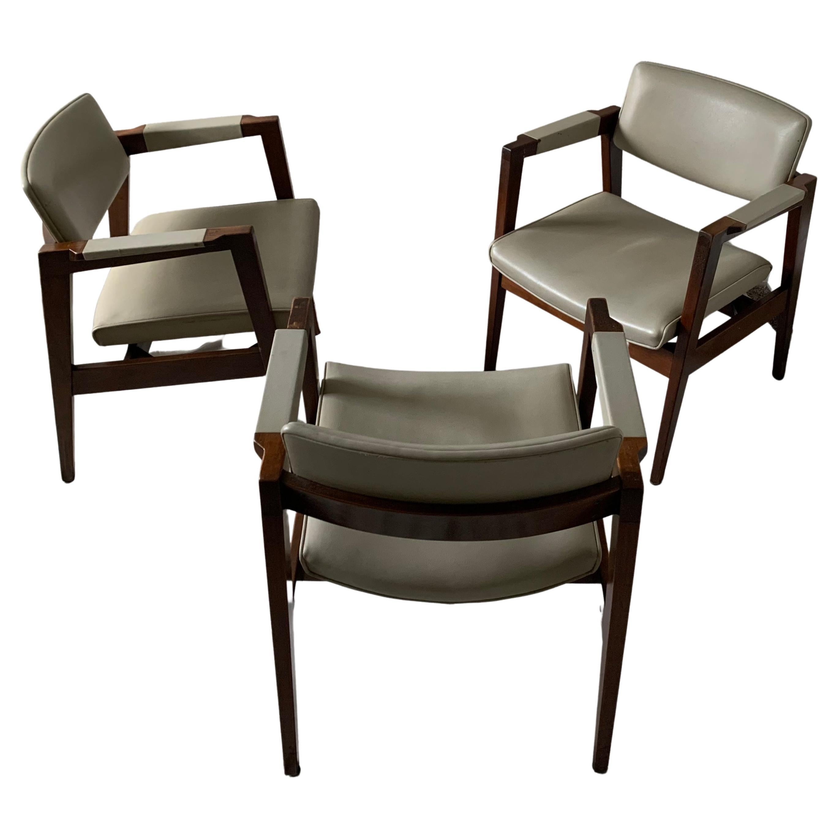 Set of 3 Gunlocke Walnut Dinning Chairs in Rare Olive Naugahyde Upholstery