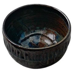 Vintage Brutalist Ceramic Pottery Bowl, Indigo, Taupe