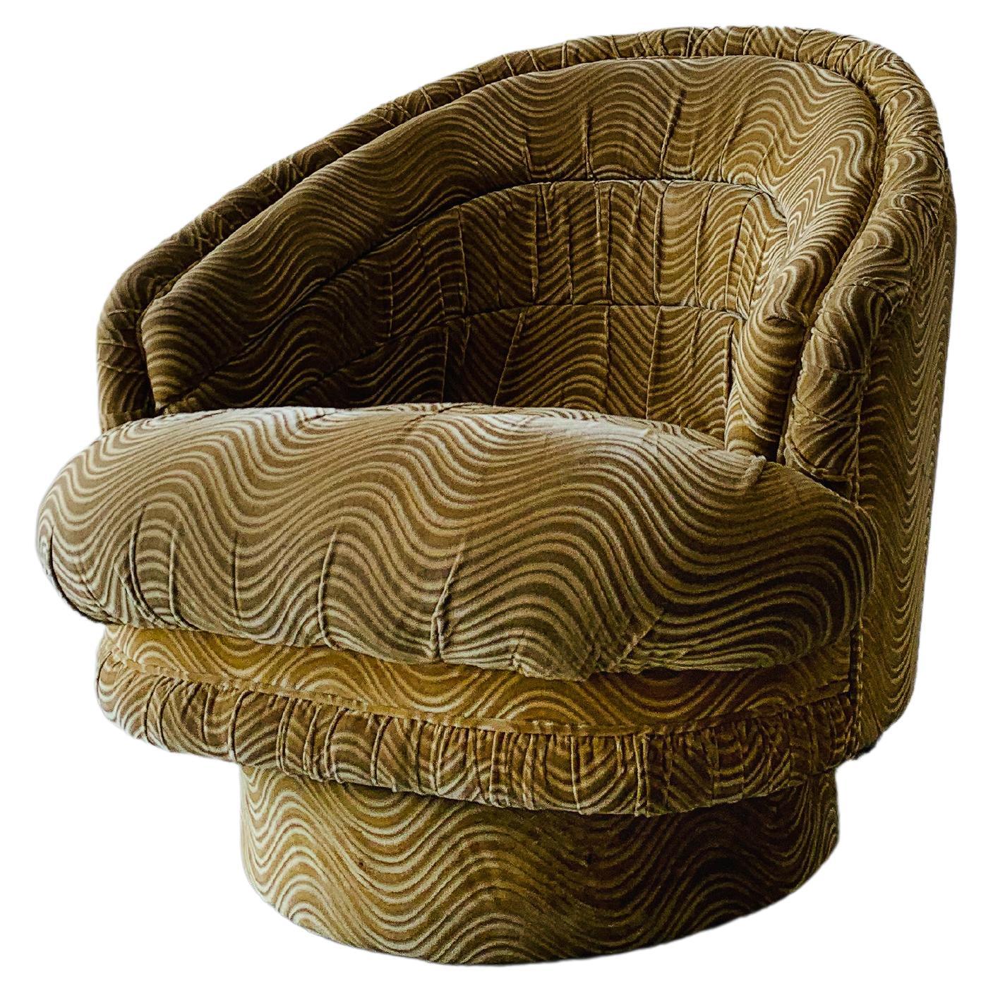 Rare fauteuil de salon pivotant en tissu peint en forme de vague, à la manière de Milo Baughman