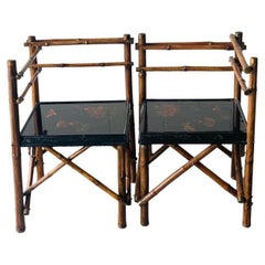 Set of 19th c Corner Chairs, Bamboo Frame, Black Lacquer Seat 