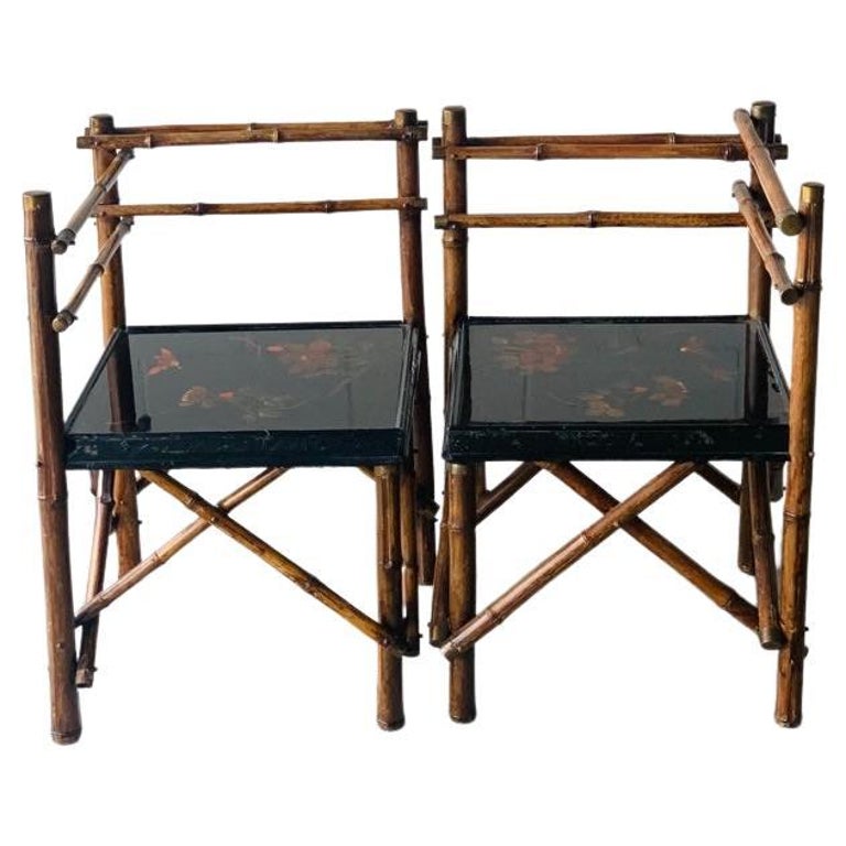 19th c Oriental Corner Chairs, Bamboo Frame, Black Lacquer Seat For