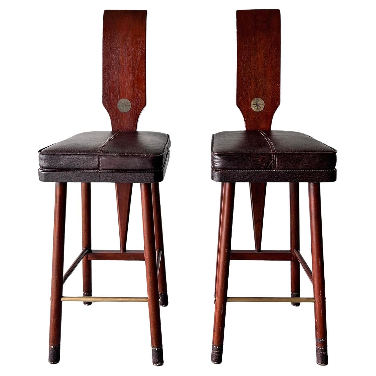 20th c. Brass and Leather Barstools  For Sale