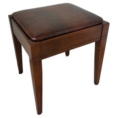 Vintage Wooden Stool with Faux Leather Croc-Embossed Cushion