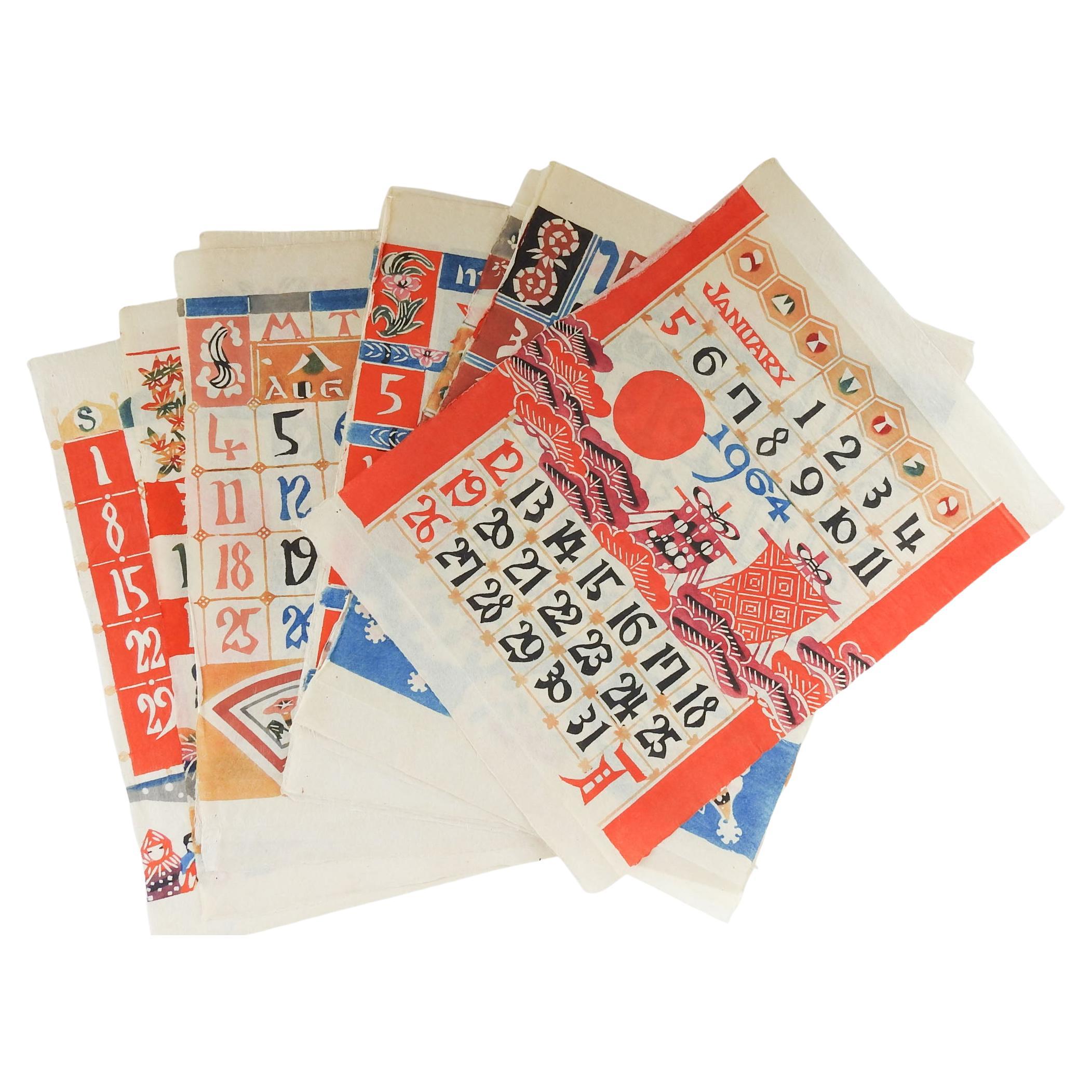 Ensemble de 12 calendriers Kataezome japonais colorés vintage 1964