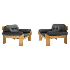 Sillones y sofá África de roble y cuero de Esko Pajamies para Asko Oy, década de 1970