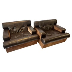 Vintage Pair 1980's South American Leather Suede and Wood Lounge Chairs Chocolate Brown